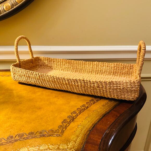 Large Boho Woven Wicker Tan Rectangular Tray Basket with Handles Organize Gift - Picture 1 of 5